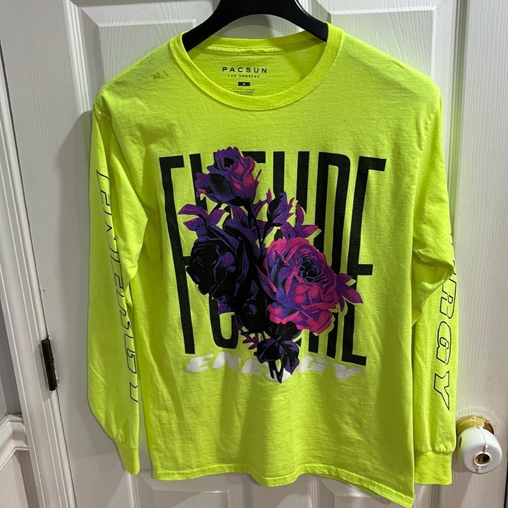 Pacsun Men’s Medium T-Shirt Long Sleeve Future Energy Neon Yellow Graphic Floral